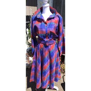Vtg 80's AMERICAN SHIRT DRESS Women’s M L 13 Geo Color Block Belted Shldr Pads